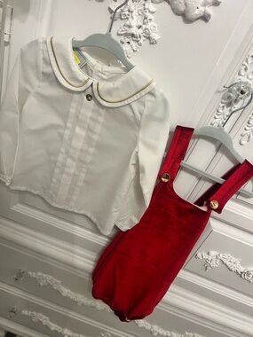 Petite Maison White Peter Pan Collar Blouse & Red Velvet Romper Set